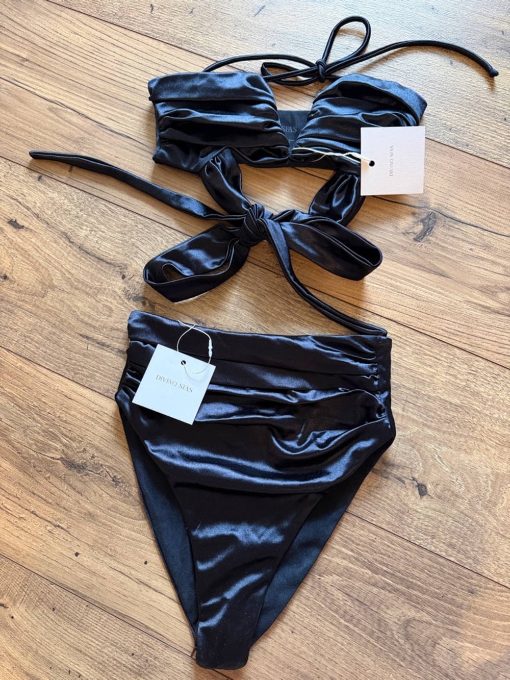 DIVINO SEAS Black Satin High-Waist Bikini Set